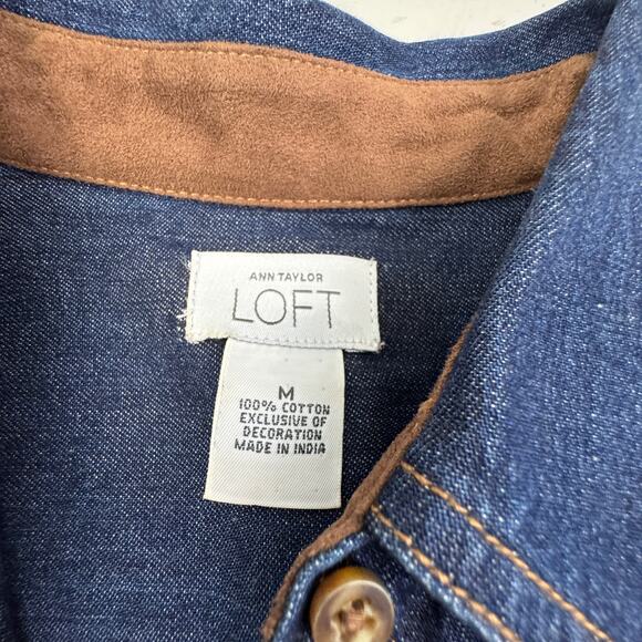 Loft Cotton Western Denim Faux Suede Long Sleeve Button Down Shirt Women's M - Picture 4 of 5